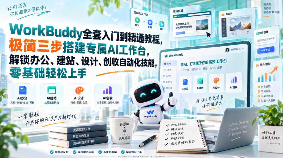 WorkBuddy全套入门到精通教程，极简三步搭建专属AI工作台，解锁办公、建站、设计、创收自动化技能，零基础轻松上手-极客网创