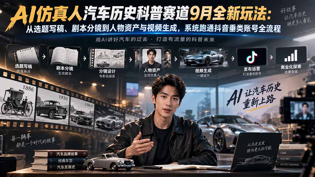 AI仿真人汽车历史科普赛道9月全新玩法：从选题写稿、剧本分镜到人物资产与视频生成，系统跑通抖音垂类账号全流程-极客网创