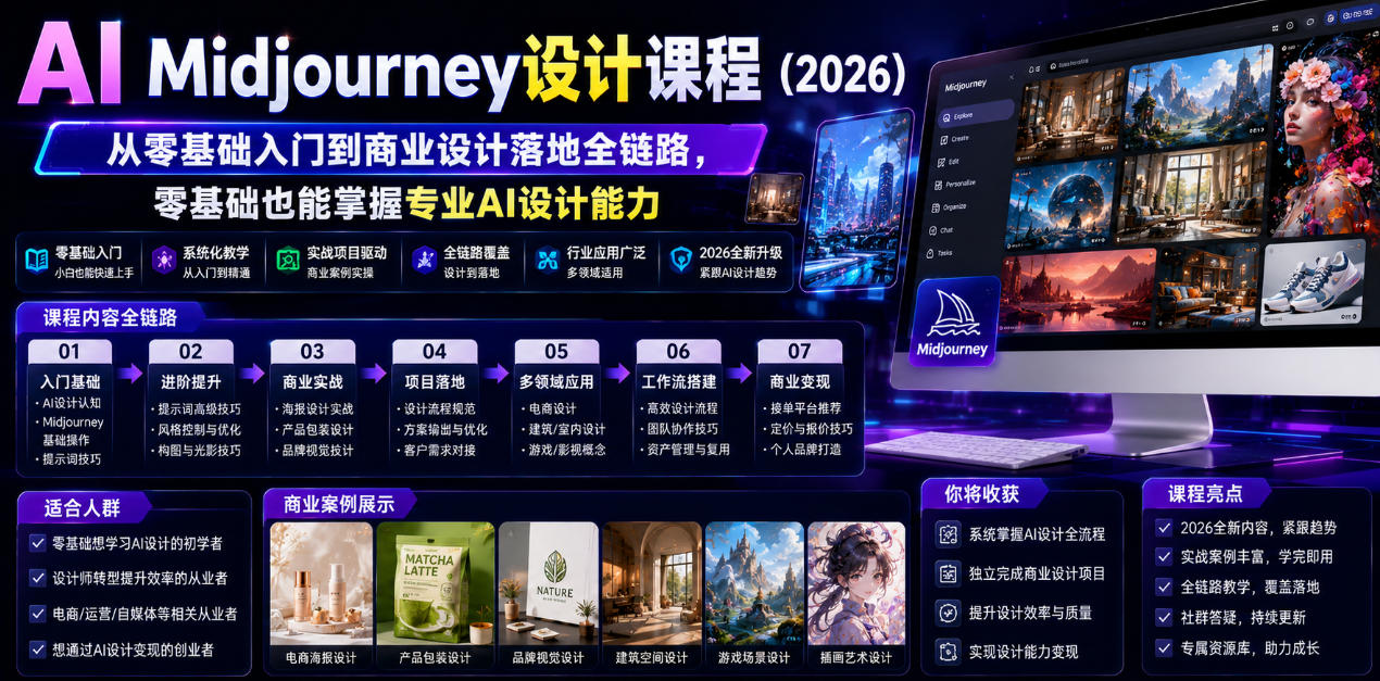 AI Midjourney设计课程(2026)，从零基础入门到商业设计落地全链路，零基础也能掌握专业AI设计能力(更新0913)-极客网创