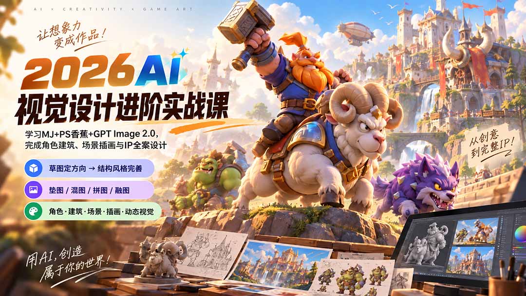 2026AI视觉设计进阶实战课-更新:学习MJ+PS香蕉+GPT Image 2.0,完成角色建筑、场景插画与IP全案设计-极客网创