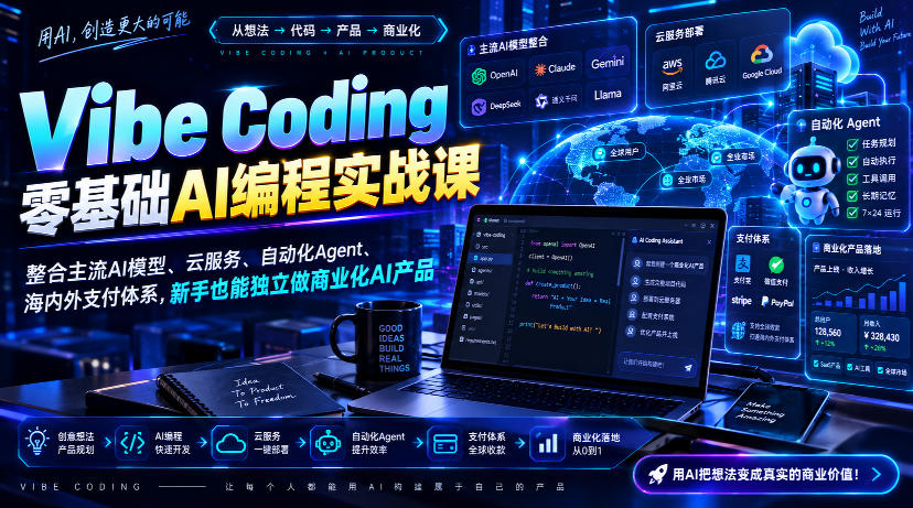 Vibe Coding零基础AI编程实战课-无水印，整合主流AI模型、云服务、自动化Agent、海内外支付体系，新手也能独立做商业化AI产品-极客网创