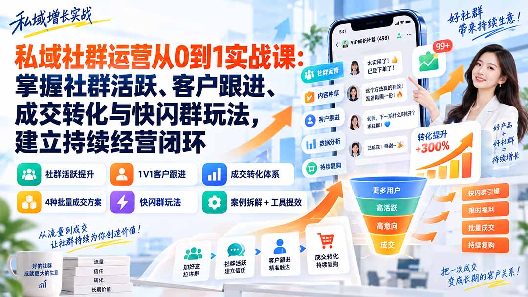 私域社群运营从0到1实战课：掌握社群活跃、客户跟进、成交转化与快闪群玩法，建立持续经营闭环-极客网创