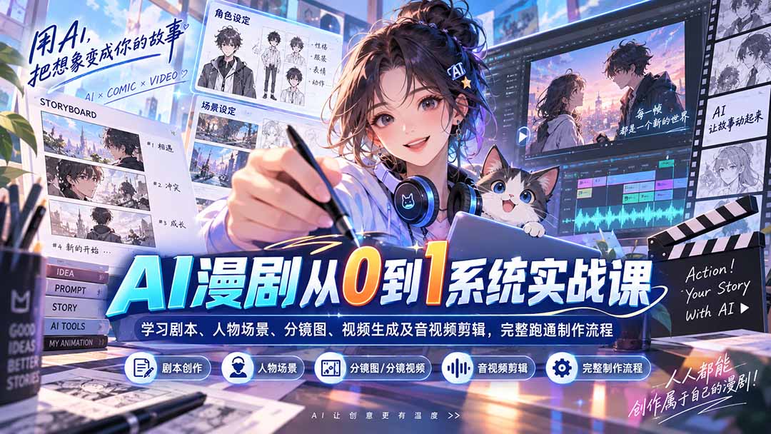 AI漫剧从0到1系统实战课：学习剧本、人物场景、分镜图、视频生成及音视频剪辑，完整跑通制作流程-极客网创