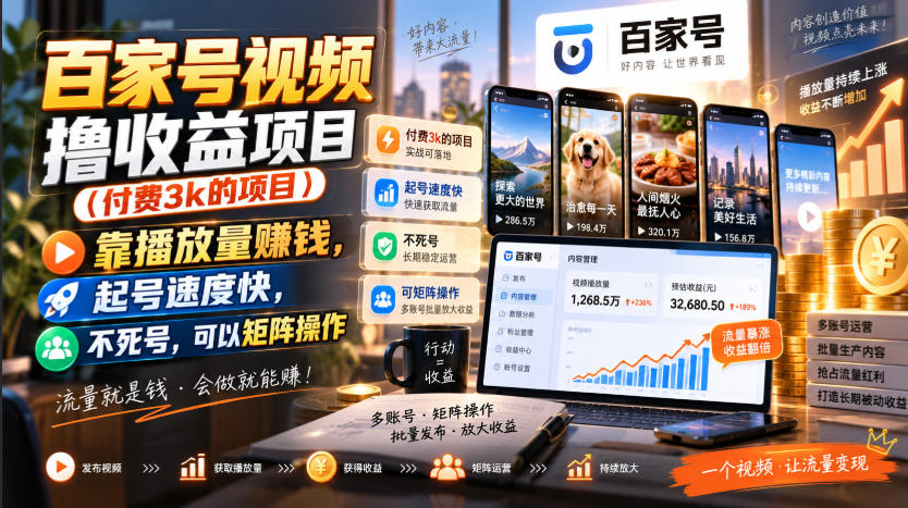 百家号视频撸收益项目(付费3k的项目)，靠播放量賺钱，起号速度快，不死号，可以矩阵操作-极客网创