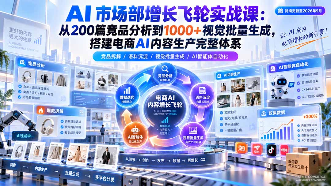 AI 市场部增长飞轮实战课：从200篇竞品分析到1000+视觉批量生成，搭建电商AI内容生产完整体系-极客网创
