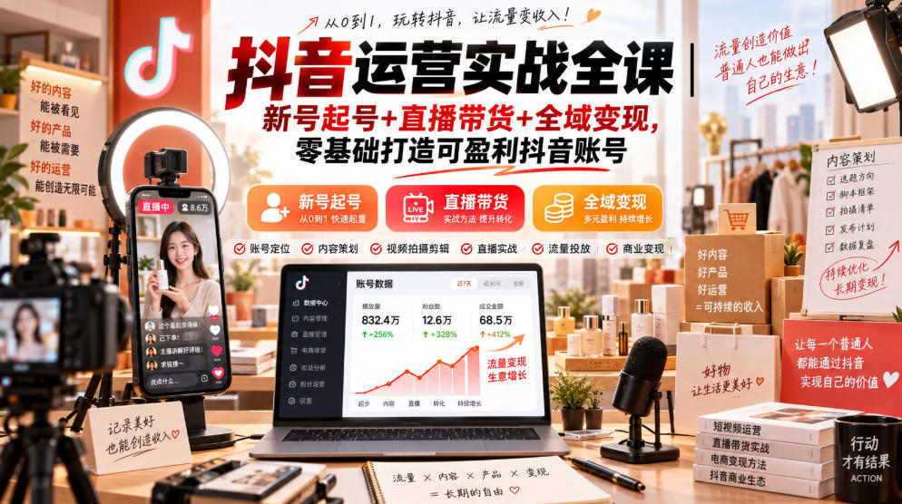 抖音运营实战全课｜新号起号+直播带货+全域变现，零基础打造可盈利抖音账号-极客网创