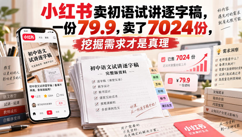 小红书卖初语试讲逐字稿，一份79.9，卖了7024份，挖掘需求才是真理-极客网创