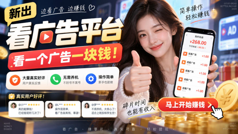 新出看广告平台，看一个广告一块钱，大量真实好评！无需养机、不会黑号，操作简单【揭秘】-极客网创