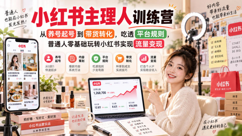 小红书主理人训练营，从养号起号到带货转化，吃透平台规则，普通人零基础玩转小红书实现流量变现-极客网创