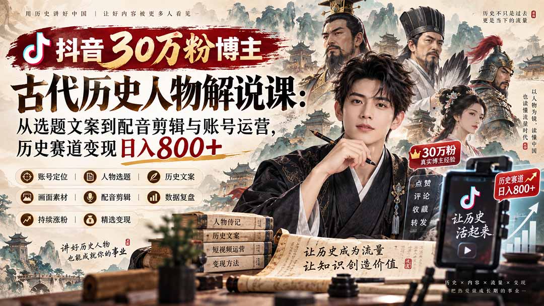抖音30万粉博主古代历史人物解说课：从选题文案到配音剪辑与账号运营，历史赛道变现日入800+-极客网创