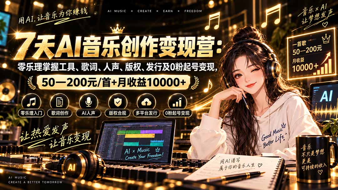 AI音乐创作变现营：零乐理掌握工具、歌词、人声、版权、发行及0粉起号变现，50—200元/首+月收益10000+-极客网创