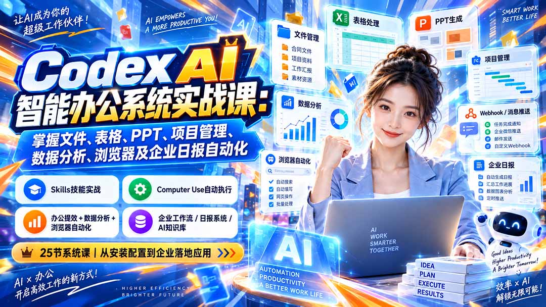 Codex AI智能办公系统实战课：掌握文件、表格、PPT、项目管理、数据分析、浏览器及企业日报自动化-极客网创