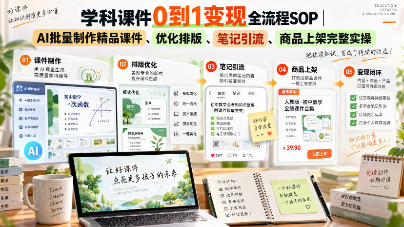 学科课件0到1变现全流程SOP｜AI批量制作精品课件、优化排版、笔记引流、商品上架完整实操​-极客网创