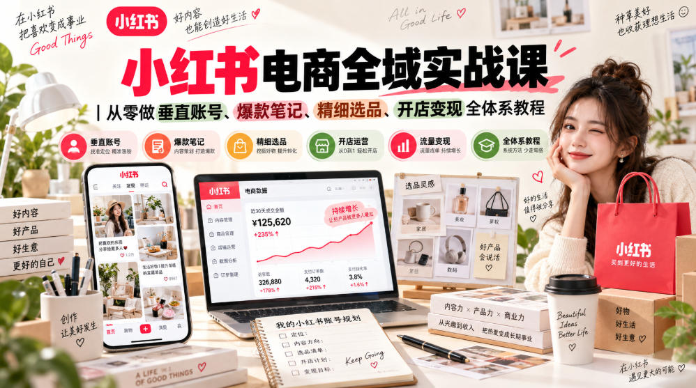 小红书电商全域实战课｜从零做垂直账号、爆款笔记、精细选品、开店变现全体系教程-极客网创
