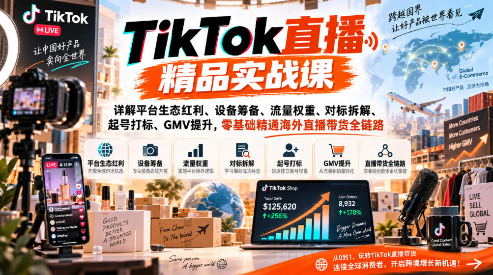 TikTok直播精品实战课，详解平台生态红利、设备筹备、流量权重、对标拆解、起号打标、GMV提升，零基础精通海外直播带货全链路-极客网创
