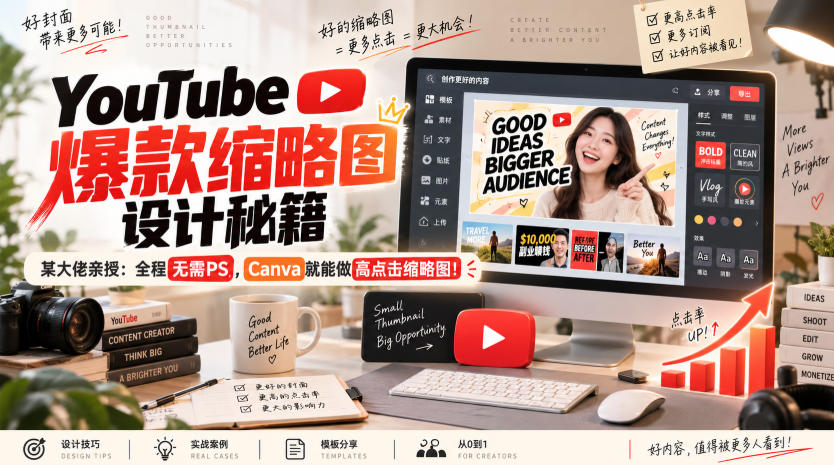 YouTube爆款缩略图设计秘籍，某油管大佬(610万订阅者)亲授，全程无需PS，Canva就能做高点击缩略图！【原创双语字幕】-极客网创