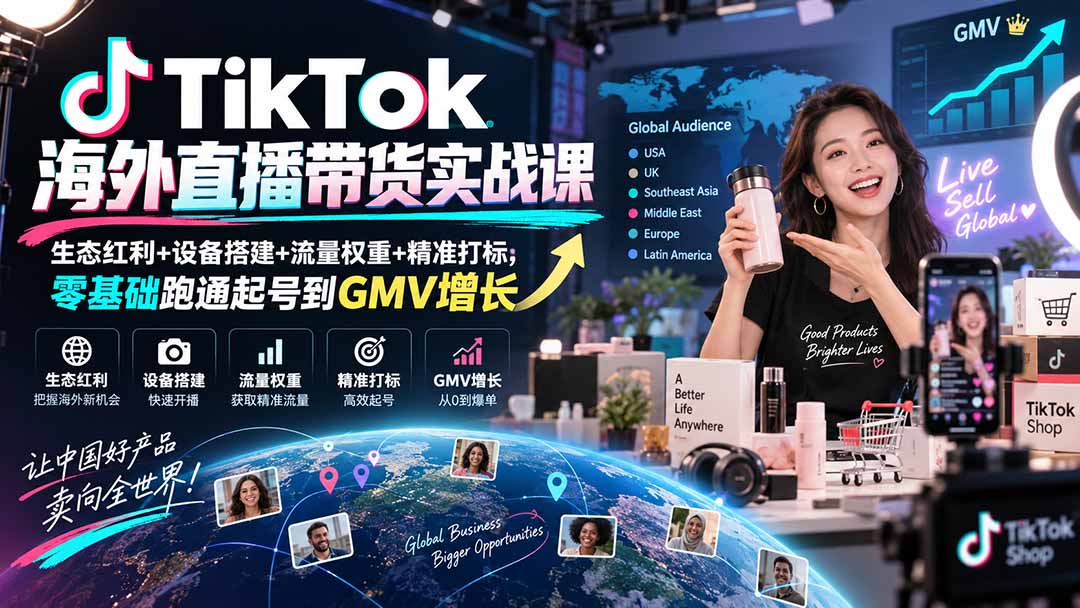 TikTok海外直播带货实战课|生态红利+设备搭建+流量权重+精准打标,零基础跑通起号到GMV增长-极客网创