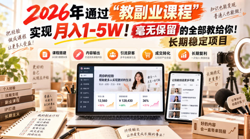 2026年通过“教副业课程”实现月入1-5W！毫无保留的全部教给你！长期稳定项目-极客网创