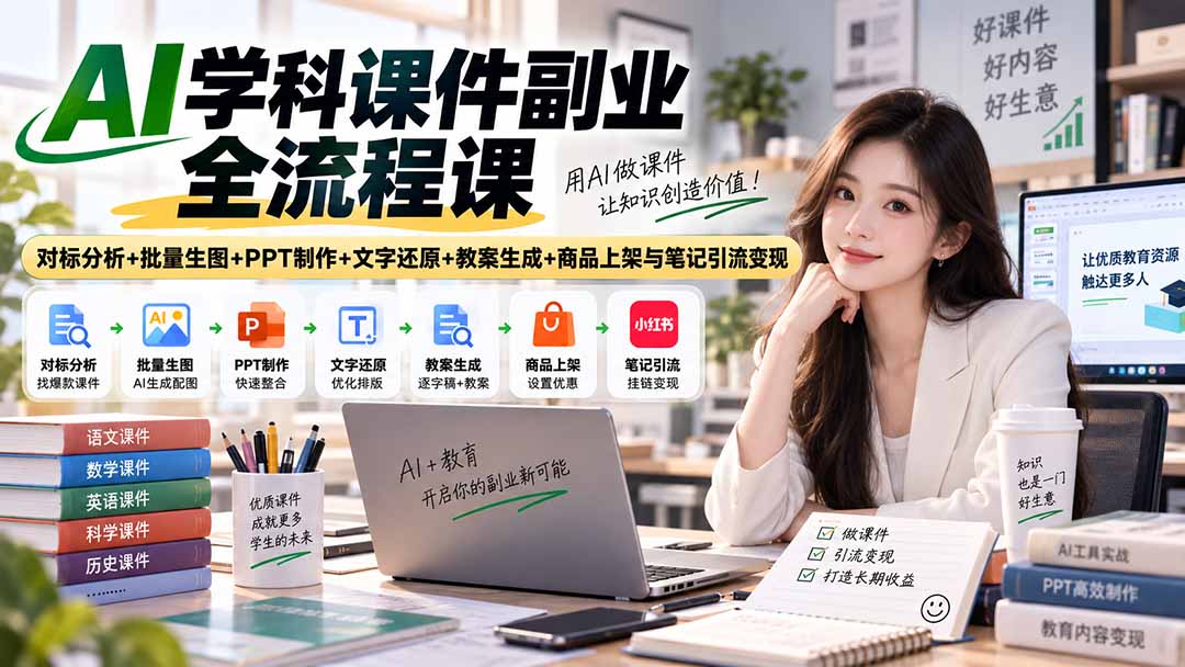 AI学科课件副业全流程课｜对标分析+批量生图+PPT制作+文字还原+教案生成+商品上架与笔记引流变现-极客网创