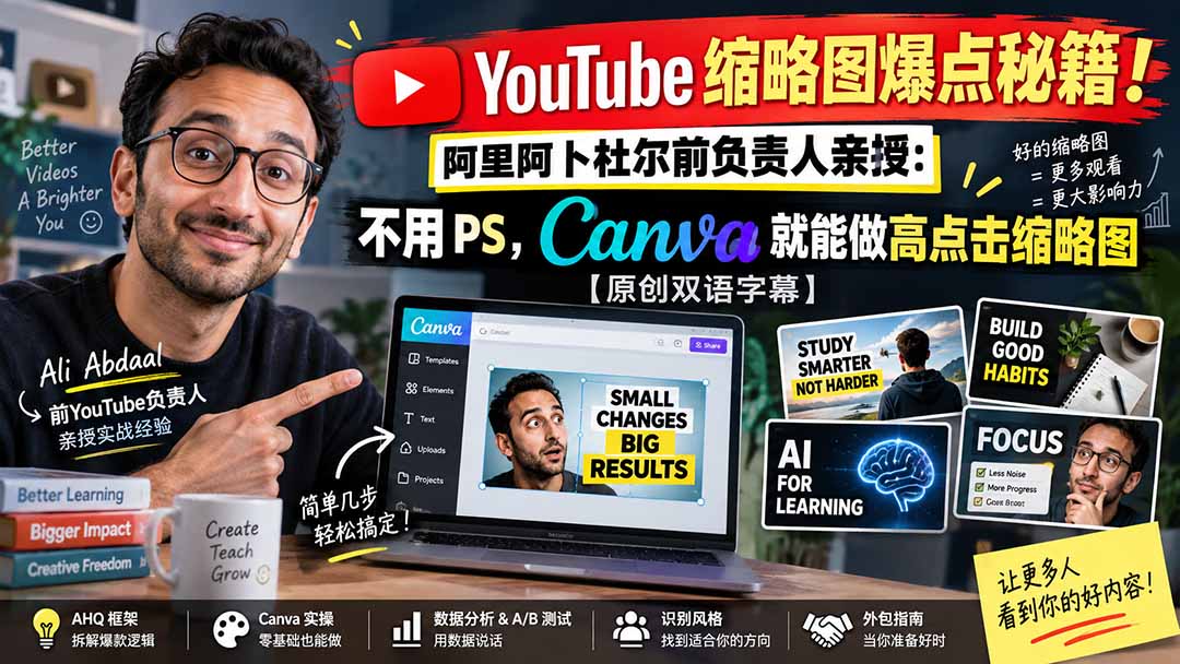 YouTube 缩略图爆点秘籍！阿里阿卜杜尔前负责人亲授：不用 PS，Canva 就能做高点击缩略图【原创双语字幕】-极客网创
