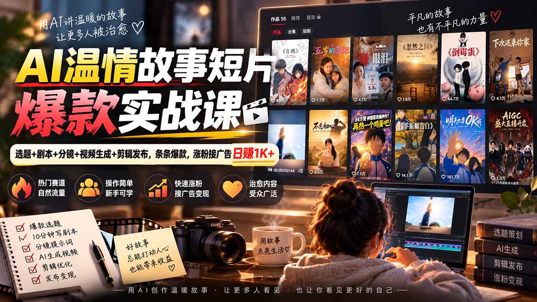 AI温情故事短片爆款实战课-更新｜选题+剧本+分镜+视频生成+剪辑发布，条条爆款，涨粉接广告日赚1K+-极客网创