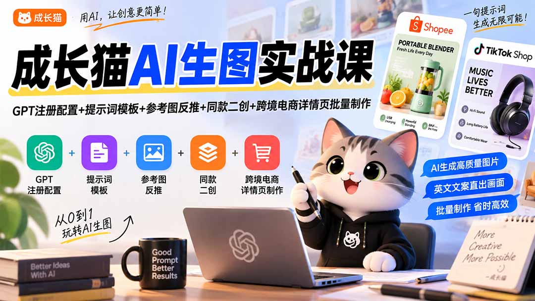成长猫AI生图实战课｜GPT注册配置+提示词模板+参考图反推+同款二创+跨境电商详情页批量制作-极客网创
