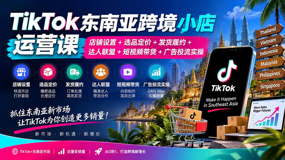 TikTok东南亚跨境小店运营课：店铺设置+选品定价+发货履约+达人联盟+短视频带货+广告投流实操-极客网创