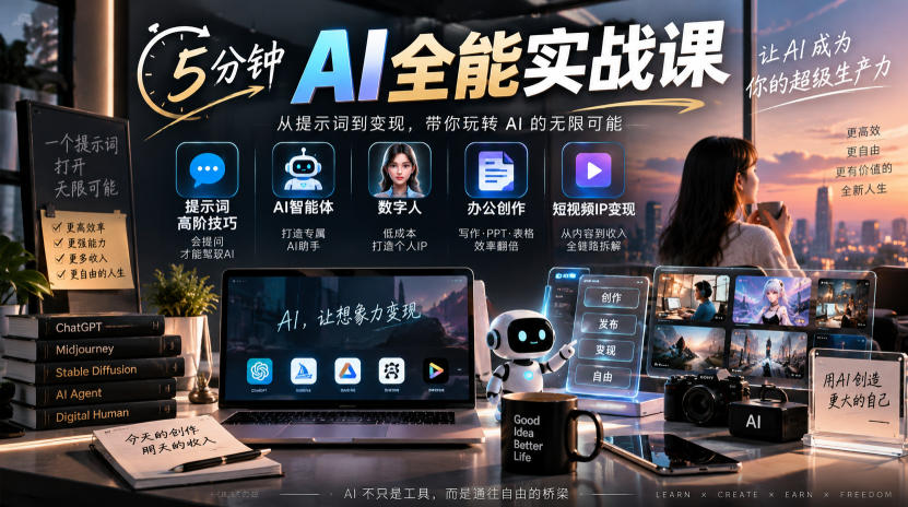 5分钟AI全能实战课|提示词高阶技巧+AI智能体+数字人+办公创作+短视频IP变现全教程-极客网创