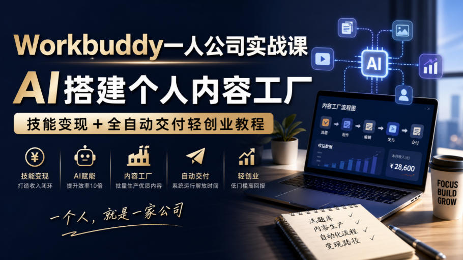 Workbuddy一人公司实战课，AI搭建个人内容工厂，技能变现+全自动交付轻创业教程​-极客网创