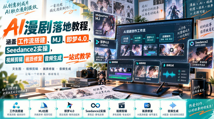 AI漫剧落地教程，涵盖工作流搭建、MJ、即梦4.0、Seedance2实操，视频剪辑画质修复音频生成一站式教学-极客网创