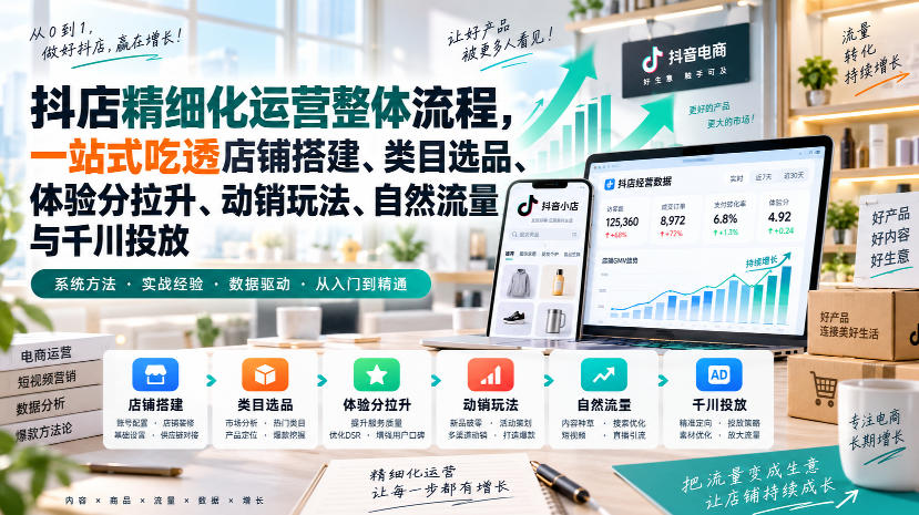 李哥电商-抖店精细化运营整体流程，一站式吃透店铺搭建、类目选品、体验分拉升、动销玩法、自然流量与千川投放-极客网创