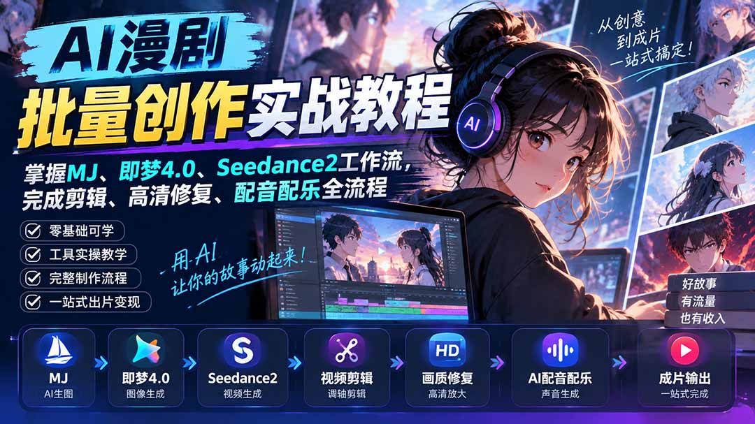 AI漫剧批量创作实战教程：掌握MJ、即梦4.0、Seedance2工作流，完成剪辑、高清修复、配音配乐全流程-极客网创