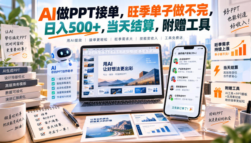 AI做PPT接单，旺季单子做不完，日入500+，当天结算，附赠工具【揭秘】-极客网创