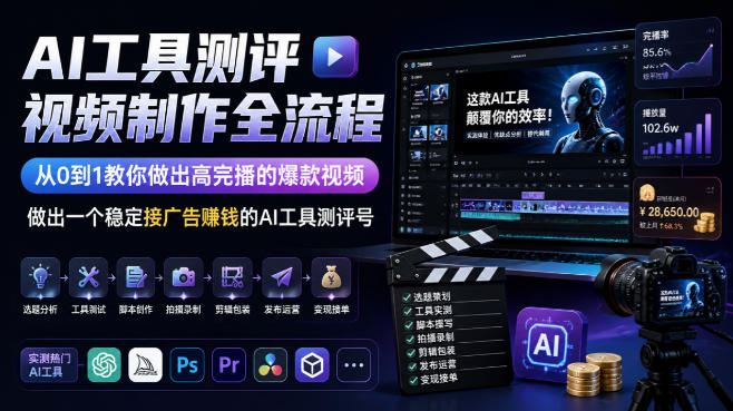 AI工具测评视频制作全流程，从0到1教你做出高完播的爆款视频，做出一个稳定接广告賺钱的AI工具测评号-极客网创