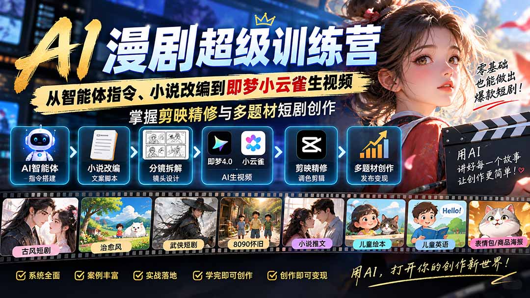 AI漫剧超级特训营：从智能体指令、小说改编到即梦小云雀生视频，掌握剪映精修与多题材短剧创作-极客网创
