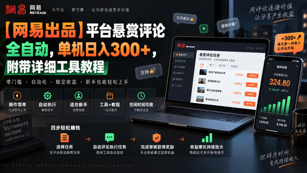 【网易出品】平台悬赏评论全自动，单机日入300+，附带详细工具教程【揭秘】-极客网创