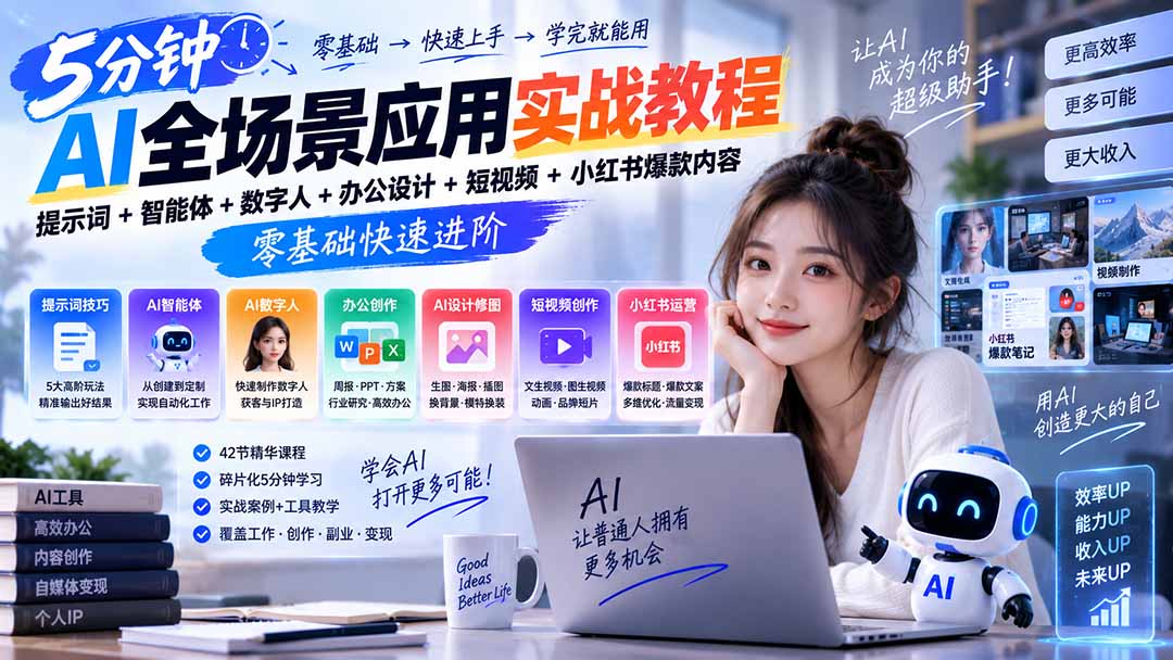 AI全场景应用实战教程｜提示词+智能体+数字人+办公设计+短视频+小红书爆款内容，零基础快速进阶-极客网创