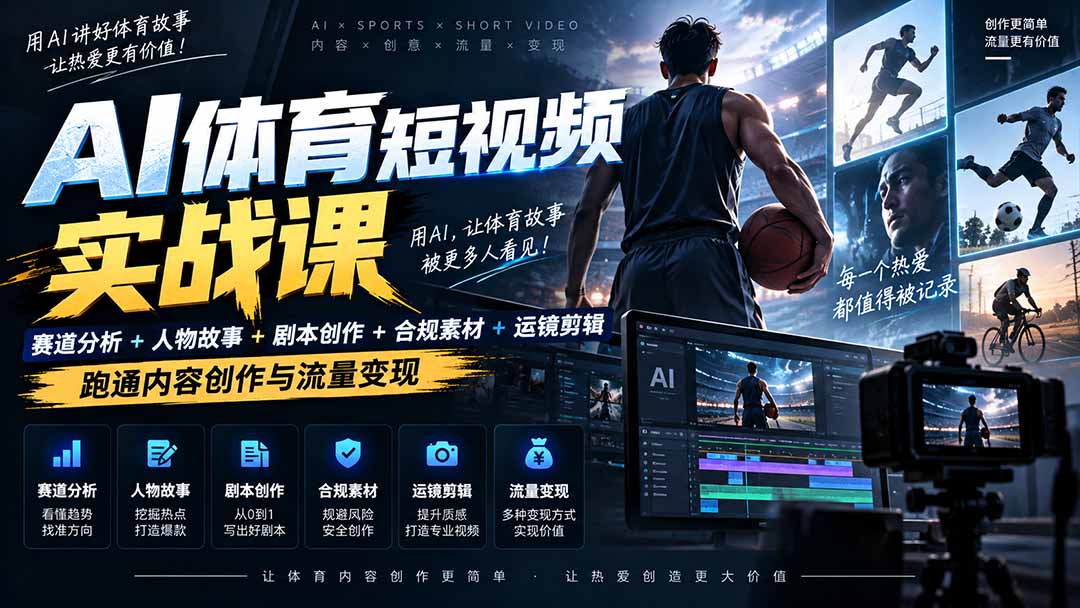 AI体育短视频赛道顶级玩法｜赛道分析+人物故事+剧本创作+版权处理+运镜剪辑，跑通流量变现-日赚1K+-极客网创