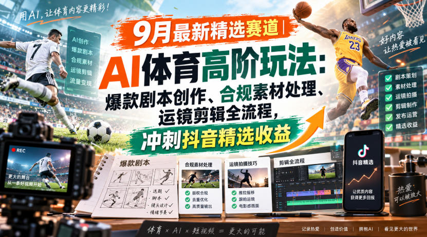 某大佬的9月最新精选赛道之AI体育顶级玩法，爆款剧本创作、版权规避、运镜剪辑全流程，稳拿抖音精选收益-极客网创