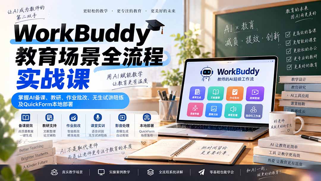 WorkBuddy教育场景全流程实战课：掌握AI备课、教研、作业批改、无生试讲陪练及QuickForm本地部署-极客网创