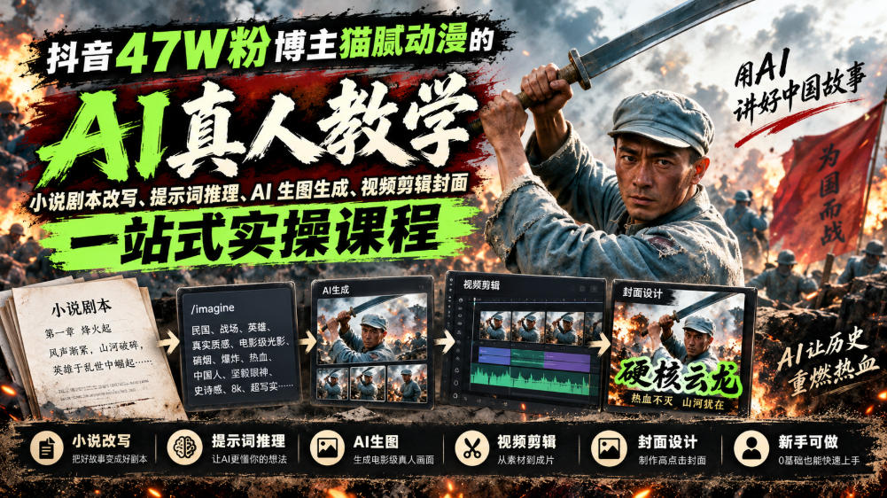 抖音47W粉博主猫腻动漫的AI真人漫剧教学，小说剧本改写、提示词推理、AI生图生成、视频剪辑封面一站式实操课程-极客网创