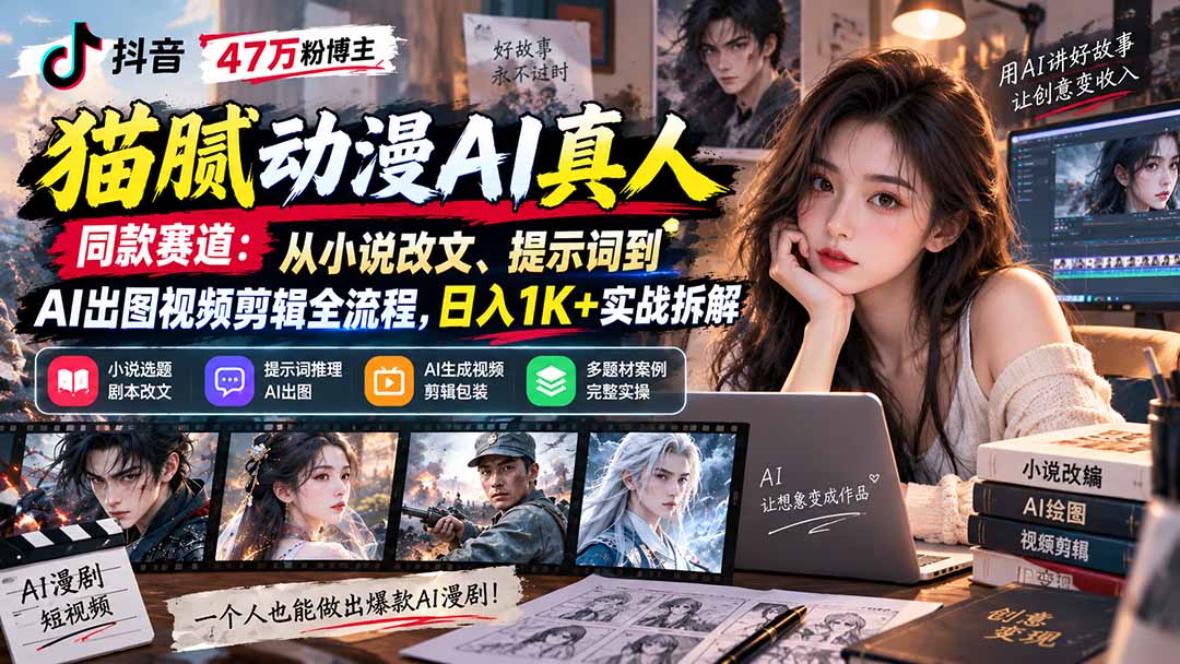 抖音47万粉博主猫腻动漫AI真人同款赛道：从小说改文、提示词到AI出图视频剪辑全流程，日入1K+实战拆解-极客网创