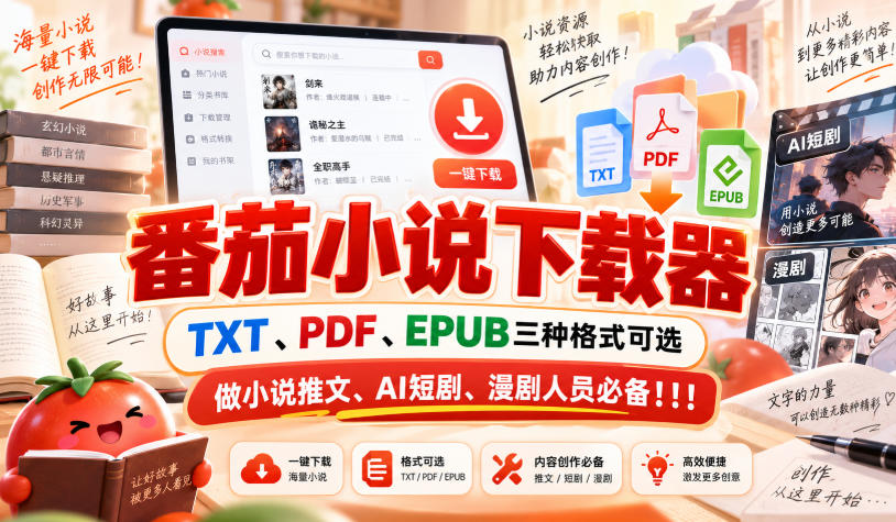 番茄小说下载器，TXT、PDF、EPUB三种格式可选，做小说推文、AI短剧、漫剧人员必备！！！-极客网创
