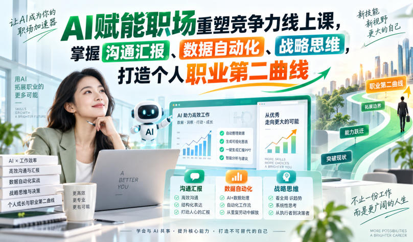 AI赋能职场重塑竞争力线上课，掌握沟通汇报、数据自动化、战略思维，打造个人职业第二曲线-极客网创