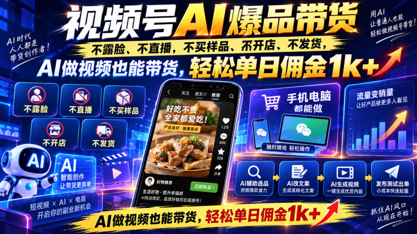 视频号Ai爆品带货，不露脸、不直播、不买样品、不开店、不发货，AI做视频也能带货，轻松单日佣金1k+-极客网创