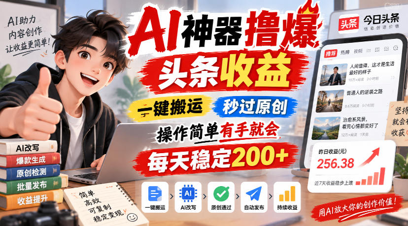AI神器撸爆头条收益，一键搬运，秒过原创，操作简单有手就会，每天稳定200+【揭秘】-极客网创