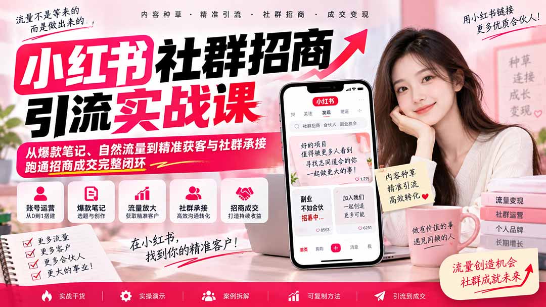 小红书社群招商引流实战课-无水印:从爆款笔记、自然流量到精准获客与社群承接,跑通招商成交完整闭环-极客网创