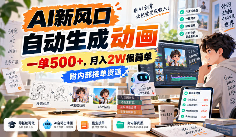 AI新风口，自动生成动画，一单500+，月入2W很简单，附内部接单资源【揭秘】-极客网创