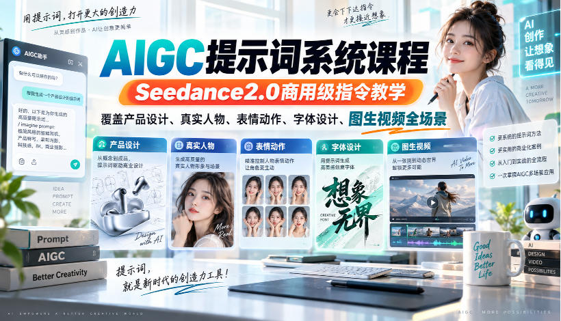AIGC提示词系统课程，Seedance2.0商用级指令教学，覆盖产品设计、真实人物、表情动作、字体设计、图生视频全场景-极客网创