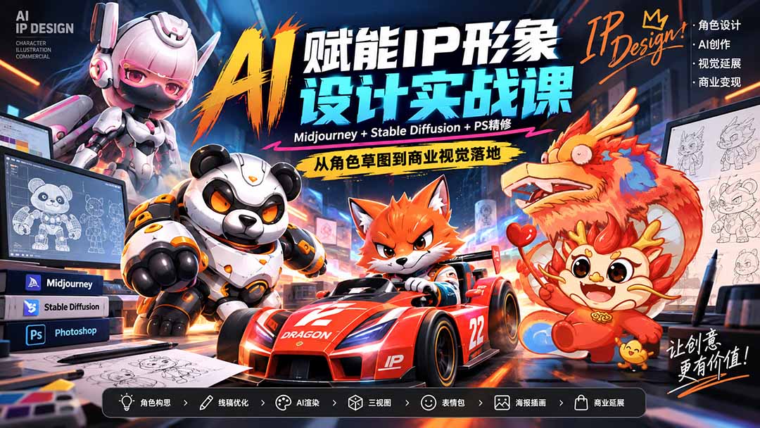 AI赋能IP形象设计实战课-无水印：Midjourney+Stable Diffusion+PS精修，从角色草图到商业视觉落地-极客网创